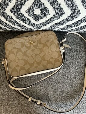 Coach Mini Camera bag in Khaki Signature Canvas Crossbody with Chalk Trim